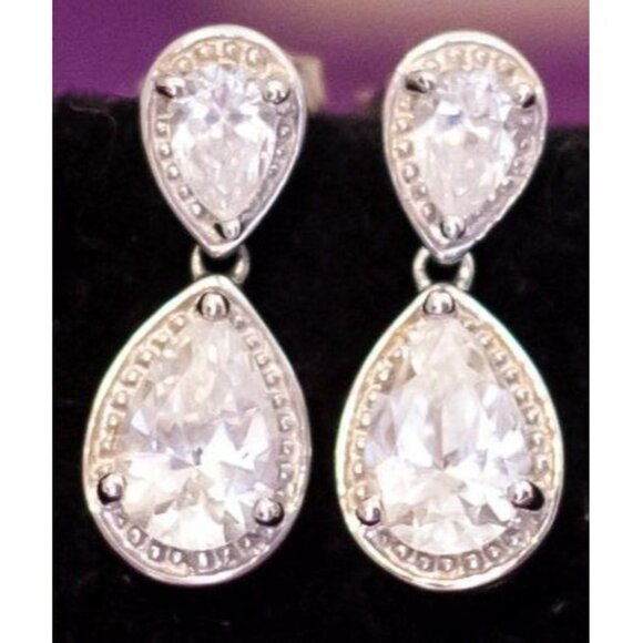 Vintage Teardrop Oval Faux Gem Sterling Silver Dangle Earrings - Q42 - Picture 2 of 3